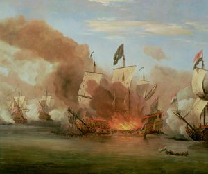 De brand van de Royal James bij de Slag om Sole Bank, 6 juni 1672 door Willem van de Velde the Younger